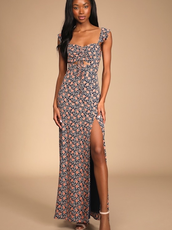 Lulus The Way To Love Navy Blue Floral Print Ruffled Maxi Dress - Size S - Picture 1 of 1